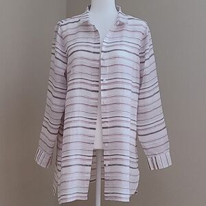 Garnet Hill Easy Linen Dune French Stripe Button Up Long Sleeve Womens Blouse M